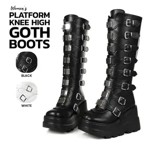 VIMISAOI Platform Knee High Goth Boots Round Toe Zipper Adjustable Buckles Motorcycle Cosplay Concert Punk Combat Comfortable Boots