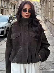 Women's Jacket Faux Suede Jacket Demi-Season 2026 Ladies Fashion Oversized Casual Darkgrey Long Sleeve Big Pockets Outerwears Weekend Outings & Fashion Shoots Jackets