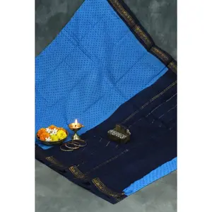 Blue Poly Cotton Printed Saree with Navy Golden Border - 5.5m