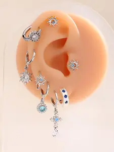 Fashionable 13 Piece Blue Sunflower Artificial Zircon Earrings Set, Stylish Drop Earrings for All Seasons, Unique Floral and Geometric Patterns