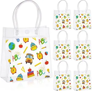 Sweetude 24 Pcs Back to School Gift Bags with Handle Plastic Clear Gift Bags Classroom Party Favor PVC Handbags Candy Themed Goodie Holder for Birthday Party Supplies
