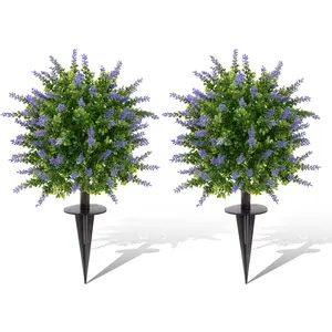 U'Artlines 23.6" Faux Lavender Artificial Topiary Ball Trees with Ground Spike, Realistic Greenery Plants UV Resistant Fake Shrubs Bushes for Front Porch Garden Yard Outdoor Decor, Set of 2