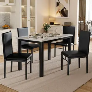 Loftiage 5 Piece Dining Table Set for 4, Compact Kitchen Table and Chairs Set of 4 with Faux Marble Top & Sturdy Metal Frame, Modern Dinner Table Set for Small Spaces, Apartment, White & Black
