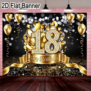2D flat banner, 1pc18th Birthday Celebration Banner, Elegant Gold and Black Theme Party Decor with Diamond Details and Golden Balloons for Adult Birthday Party, Sparkling 'Happy Birthday' Ribbon Banner for Luxurious Festive Atmosphere