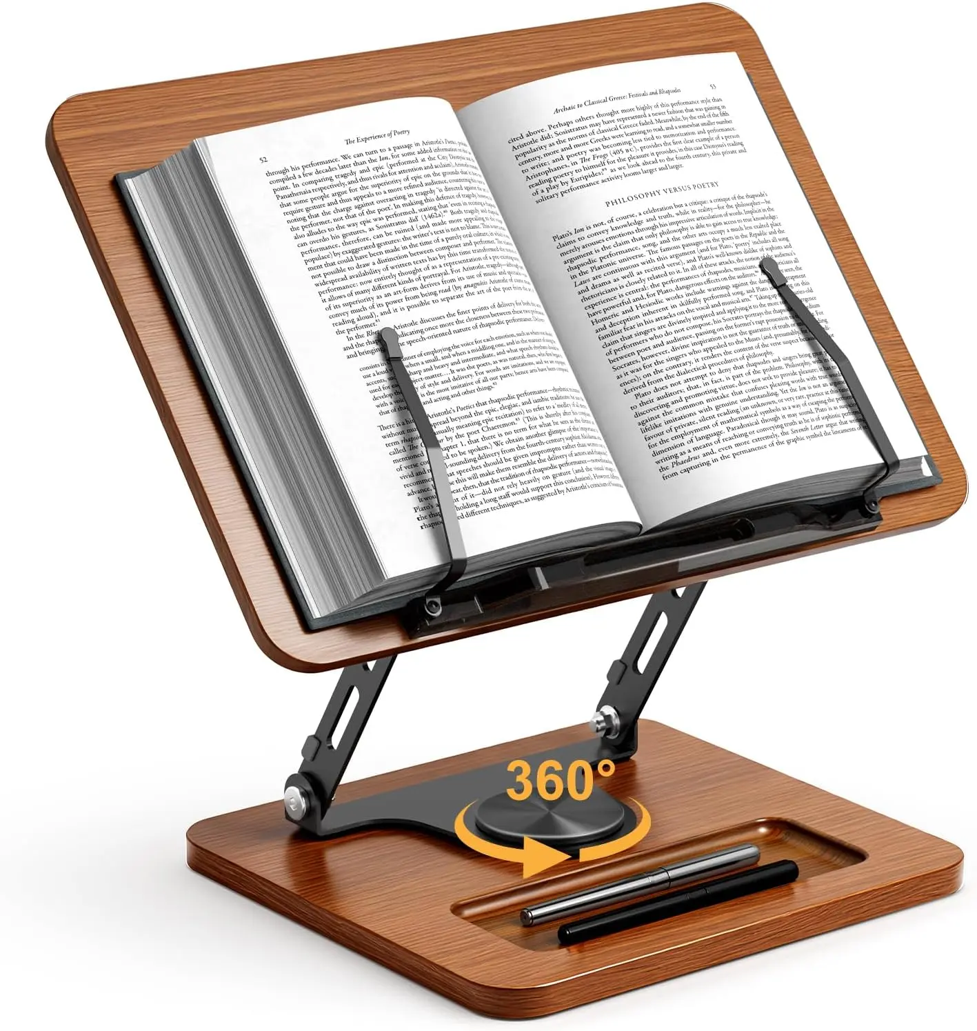 360° Adjustable Metal Frame Book Stand, Hands-Free Reading Holder with 13-Inch Laptops/Tablets Compatibility, Height Adjust, Page Clips, Built-In Storage Tray, Foldable, No Assembly Required for Office Daily Tasks Posture Support