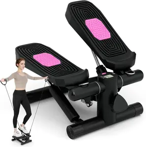 COSTWAY Steppers for Exercise at Home, Hydraulic Mini Stair Stepper with Resistance Bands & LCD Monitor, Portable Under Desk Cardio Equipment Step Machine for Home Gym