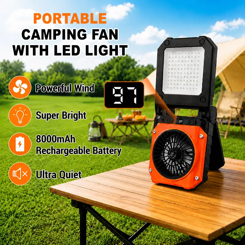 YOOMUE Solar LED Ceiling Fan Light, 4-Speed Portable LED Fan with Dimmable Light, Digital Display, USB Charging & Power Bank Function for Camping, Outdoor, RV & Emergency Use