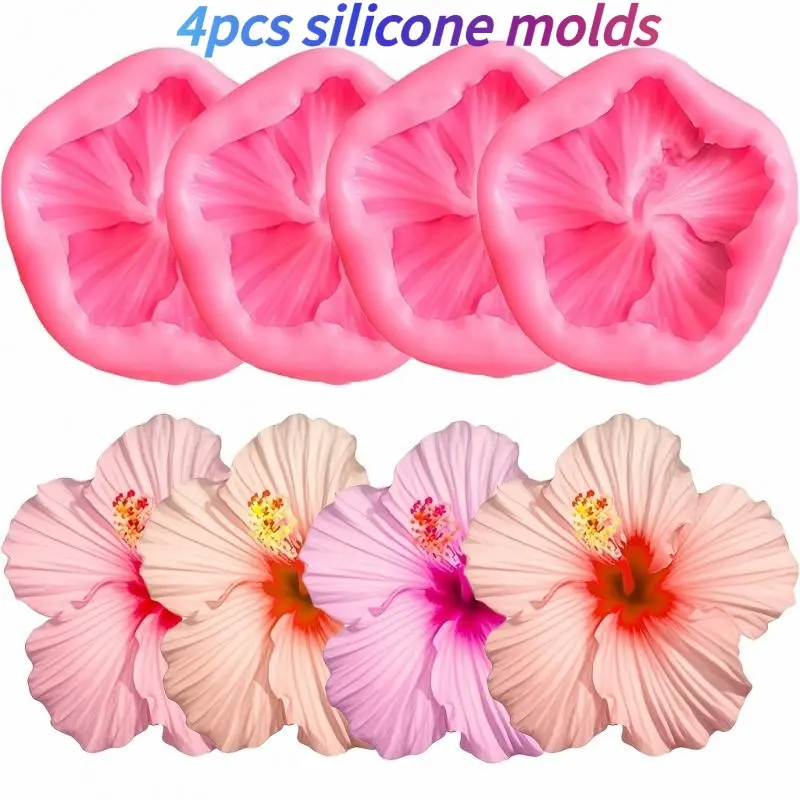 4pcs Hibiscus Silicone Mold Set, Silicone Molds for Crafts | Flower-Shaped Molds for Decoration, Soap Making Supplies, Aromatherapy Candle Making, Clay Resin Casting - Tools, Pendant Moulds, Handmade Gifts for Valentine's Day, Mother's Day