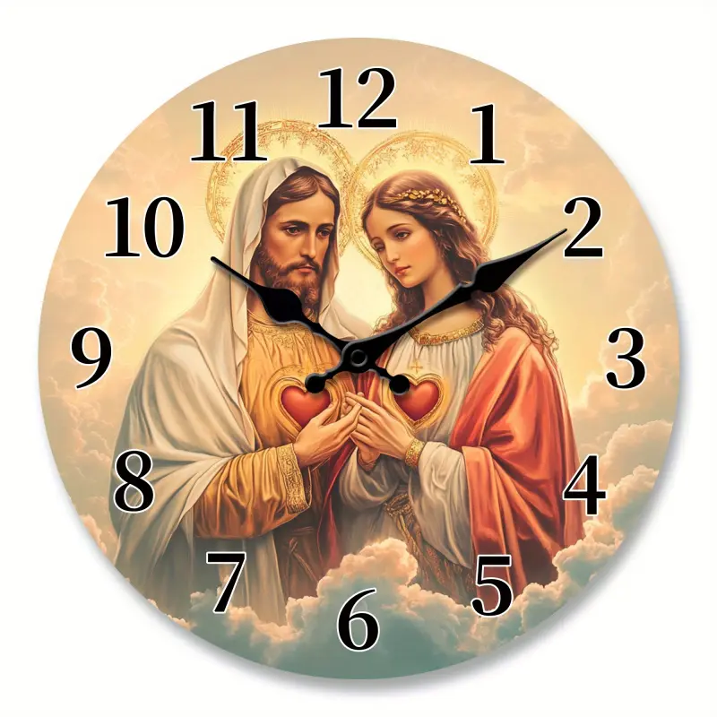 Jesus and Virgin Mary Love-Themed Acrylic Wall Clock, featuring cloud and light element design, silent clock for living room, bedroom, kitchen, office, church decoration, modern home art decoration, ideal Christmas and New Year gift, a gift for believers