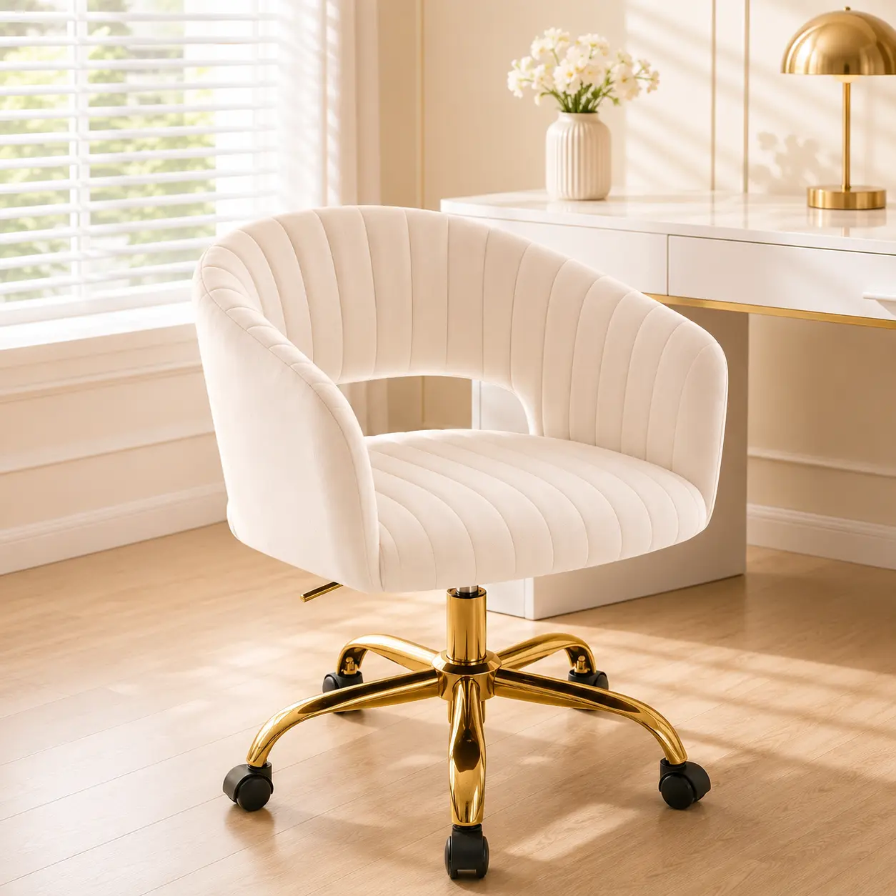 Cream Vanity Chair with Gold Base, Modern Ergonomic Desk Chair with Wheels, Height Adjustable Swivel Accent Chair for Makeup Room, Home Office, Bedroom
