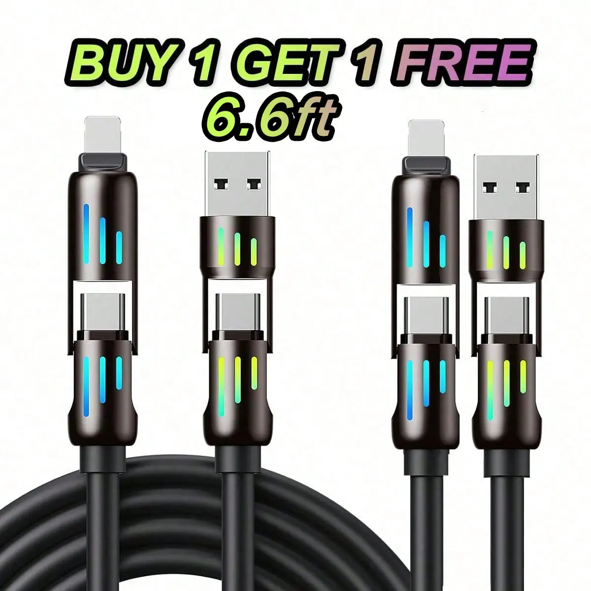 【2 for 1 Deal】 4-in-1 240W 6.6ft USB A/C to C/Lightning Charging Cable with LED, Compatible with iPhone 17/16/15/14 Pro Max, MacBook, Samsung S26, Switch, PS5, iPad