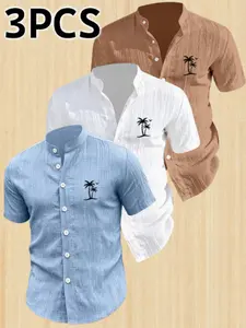 Men's Summer Short Sleeve Shirt Set, Lightweight Breathable Pure Color Stand Collar Casual Button-Up Top, Beach Vacation Pool Party Daily Wear