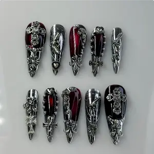 Gothic Chrome Press on Nails, Handmade Cross and Gun Custom 3D Art Nails, Silver & Red Acrylic Nails, Punk Metallic Silver Reusable Nails