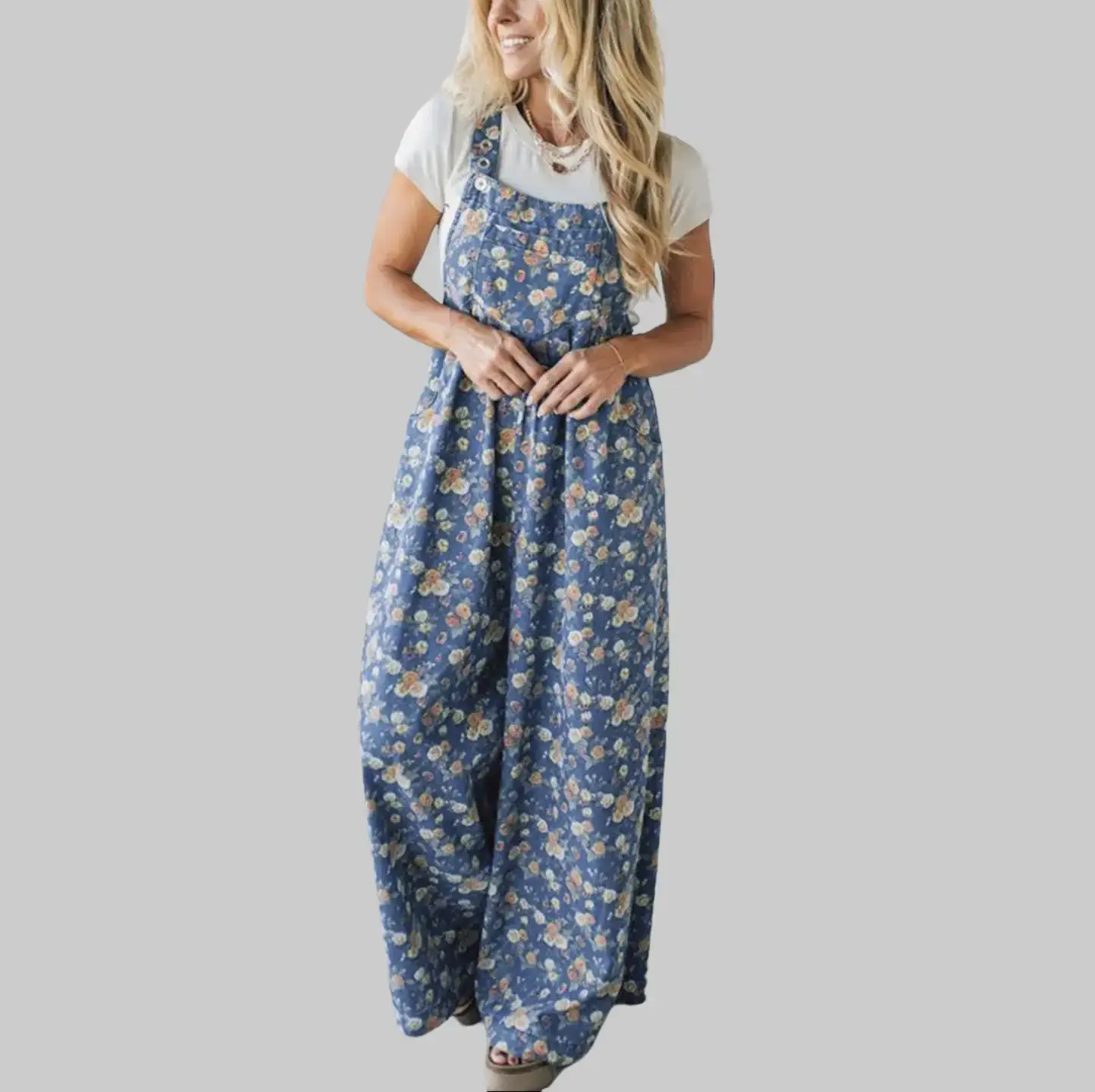 【Size runs big, order one size down】Blue Vintage Rose Printed Pleated Loose Denim Overall Jumpsuit - 60% Cotton Medium Wash with Adjustable Straps & Pocketed Design - Floral