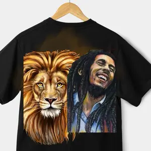 Men's Wear Black T-Shirt Featuring Lion and Character Design