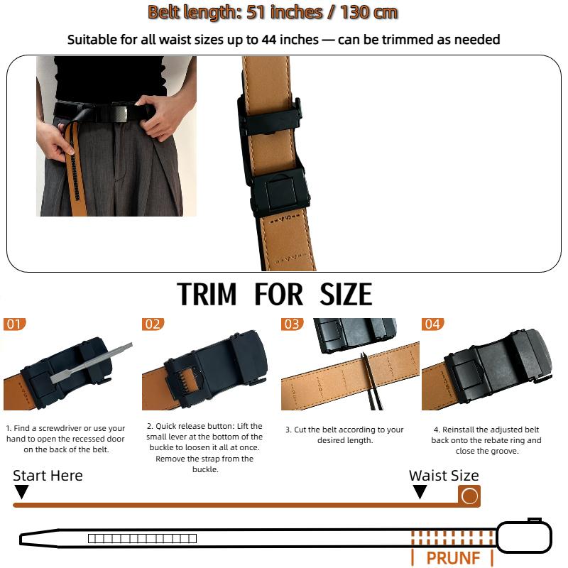 Men's Trimmable Size Genuine Split Leather Belt, Ratchet Buckle Automatic No-Hole Adjustable Belt for Casual, Business Wear