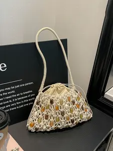 1pc Bohemian knot woven drawstring bucket bag, women's hollow bead crossbody bag, exquisite bead and lined storage bag, suitable for beach travel, daily shopping, afternoon tea and summer atmosphere, retro lazy holiday style design single item