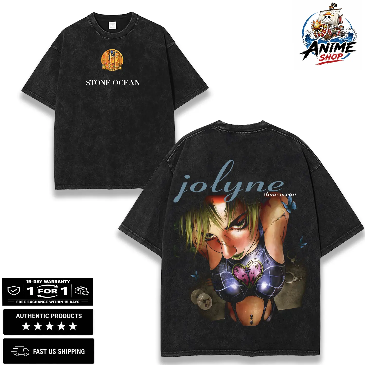 Jolyne Cujoh Stone Ocean Jojo Shirt Japanese Anime Double-Sided Print Washed JoJo Heavyweight Gift for Fans Men Graphic Tee Cotton Crewneck T-Shirt Fabric Menswear streetwear graphic tee