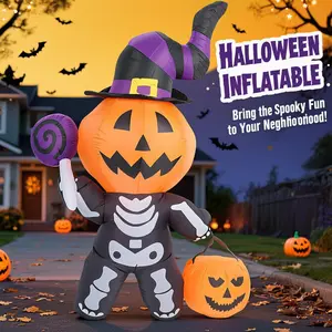 5.5FT Pumpkin Skeleton Ghost Inflatable Halloween Decoration Yard Decor Outdoor Blow Up with Built-in LED Light for Lawn Garden