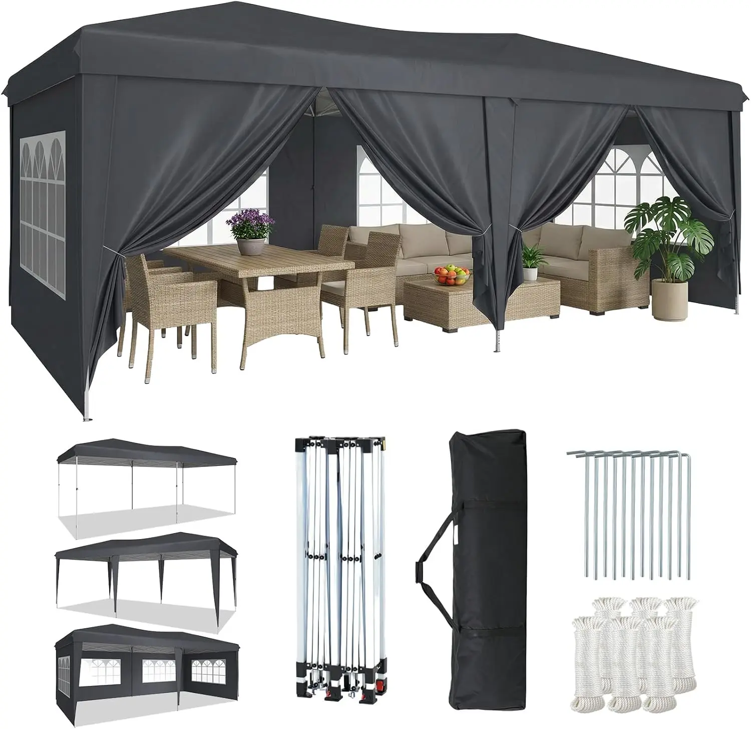 Aoxun 10x20 Pop Up Canopy Tent with 6 RemovableSidewalls, One Push Party Tent Waterproof OutdoorCanopy with 3 Adjustable Height, Portable Tents forParties, Wedding, Commercial, Market