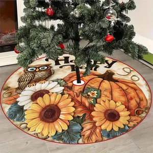 JIT 1pc Christmas Autumn Happy Owl Pumpkin Sunflower Christmas Tree Decoration Tree Skirt, Christmas print pattern, Christmas Family Holiday Party Tree skirt decoration, machine washable, comfortable birthday and beautiful Christmas gift all year round