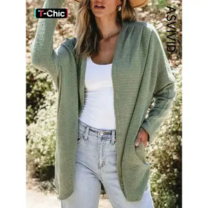 Women's Elegant Solid Color Waffle Knit Cardigan with Side Pockets, Stylish Open Front Jacket for Spring & Autumn, Casual Long Sleeve Outerwear