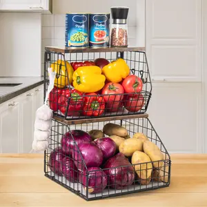 2 Tier Stackable Wall Mounted Hanging Basket, Fruit Basket for Kitchen Counter, Storage Bin with Wood Lid, Onion Storage, Fruit and Vegetable Storage, Countertop Organizer