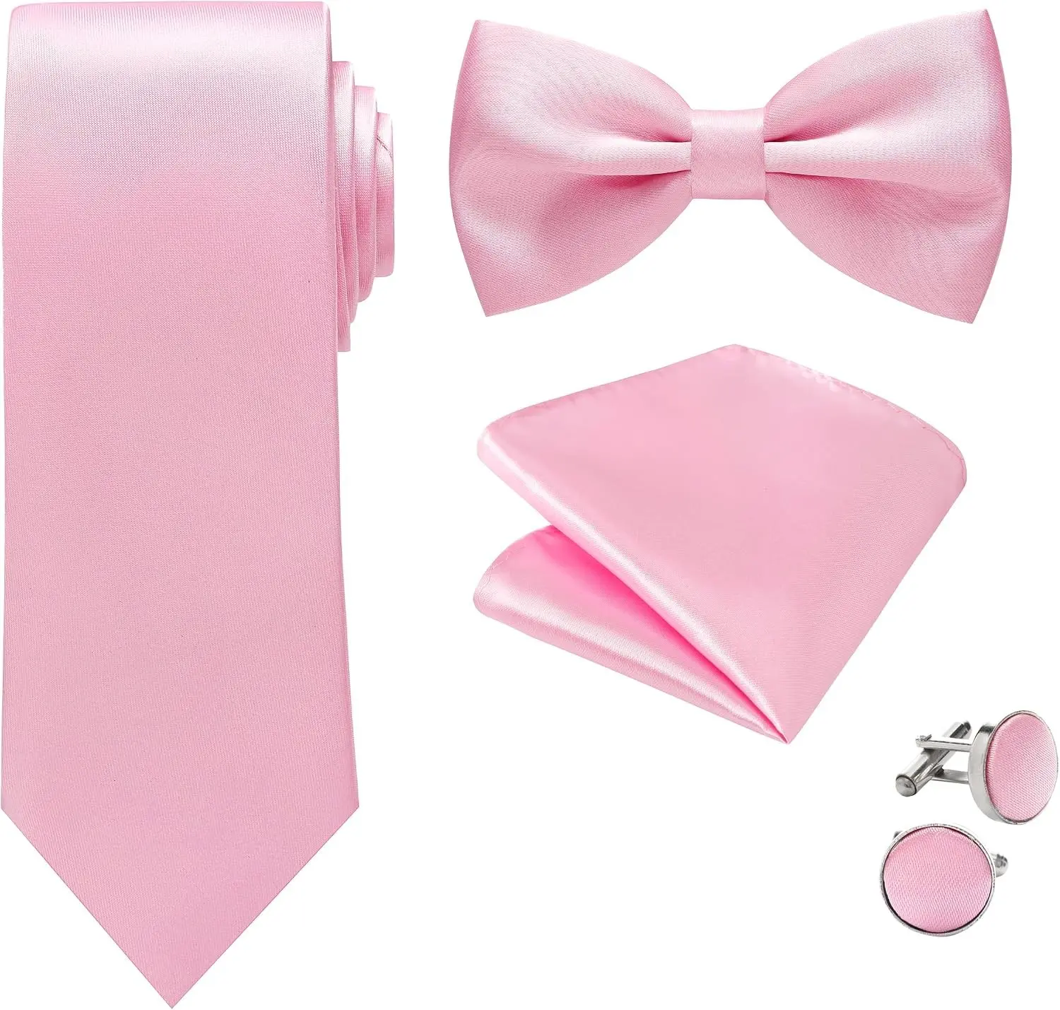 Mens Tie Set - Plain Satin Formal Necktie and Bow Tie with Pocket Square, Cufflinks in Gift Box