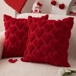 Red Heart Throw Pillow Covers 18x18 Set of 2, Soft Plush Faux Fur Decorative Cushion Covers for Sofa Couch Bedroom