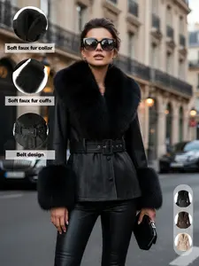 Women's Fall Winter Windproof Warm Jacket Coat, Comfortable Soft Faux Fur Collar, Thick PU Leather, Slim Fit with Belt, Elegant Casual Style
