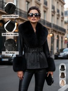 women's fall winter windproof warm jacket coat, comfortable faux fur collar, thick pu leather, slim fit with belt, elegant casual style