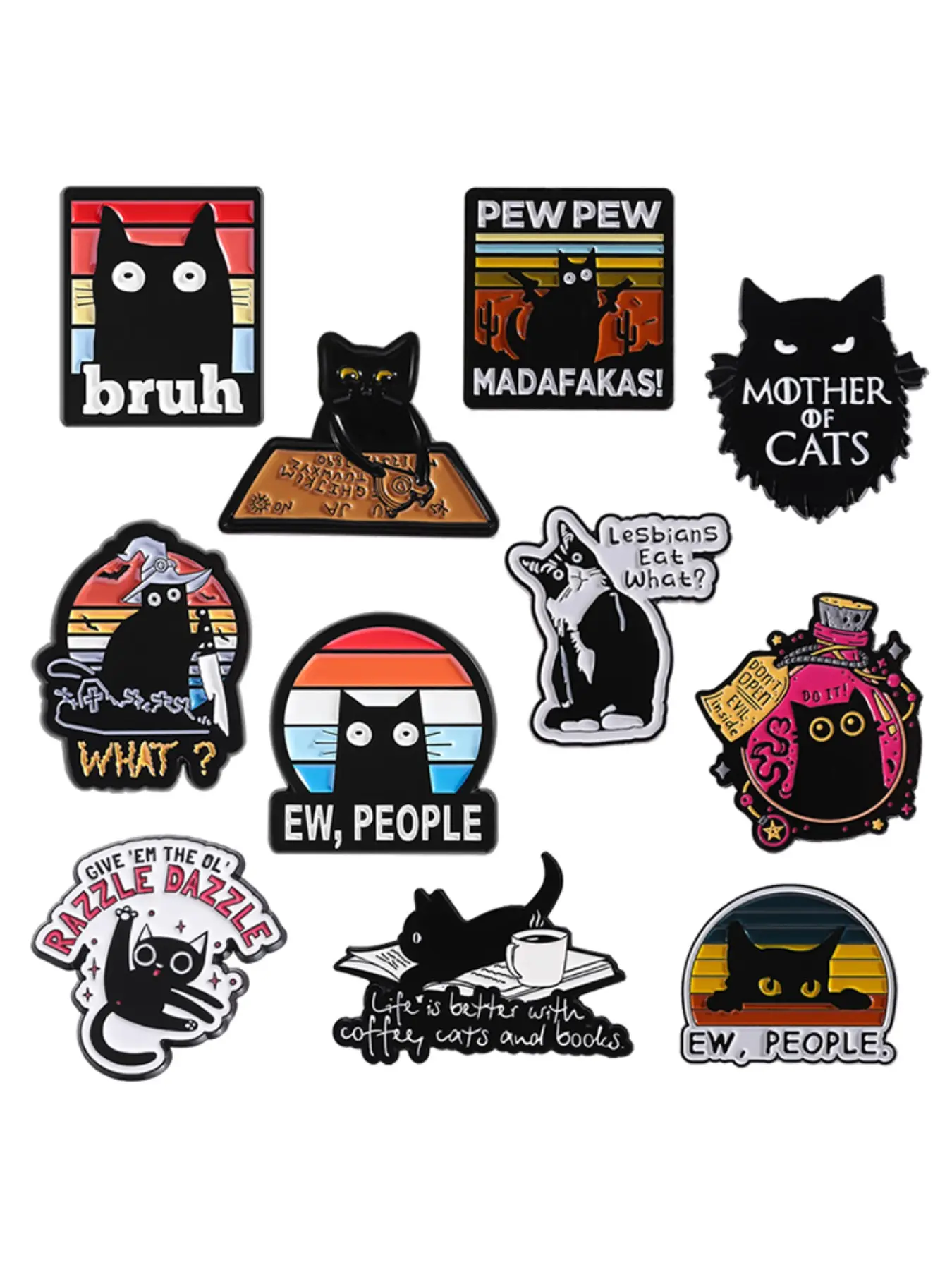 11pcs/set Cartoon Black Cat Enamel Lapel Pins, Collectible Pins, Animal Alloy Brooches Badges Decoration Gifts