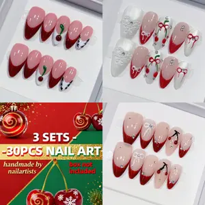 30pcs Handmade Press on Nails Middle Short Almond Nail Supplies, Cute Fake Nail Tips for Wedding Birthday Party Christmas Winter Fall,3sets, White Red Cherry