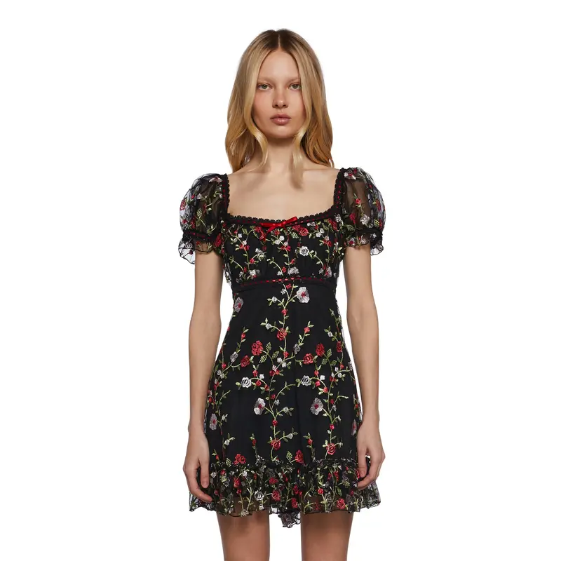 dark brown patterned scoop neck babydoll dress with quarter sleeves Khaki V Neck Floral Babydoll Dress With Pockets – cowan couture main image 1