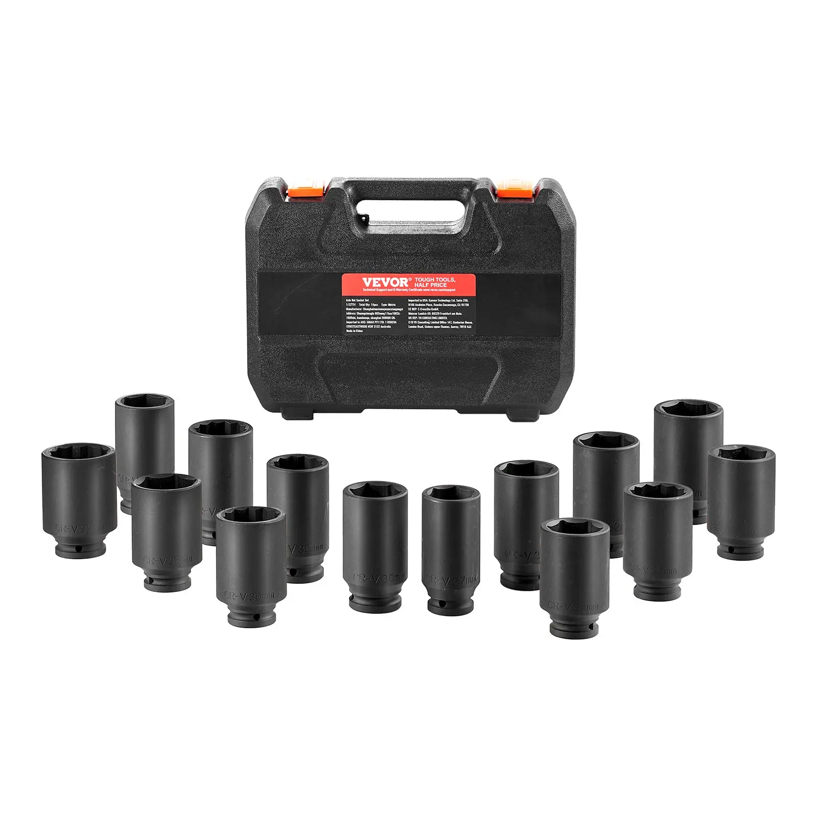 【DealsForYouDays】VEVOR Axle Nut Impact Socket Set - 1/2" Drive Deep 6+12-Point 14-Piece Metric Spindle Nut Socket CR-V Heat Treated Large Socket Set with Storage Case for Auto Repair Removing or Installing Axle Nuts