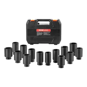 VEVOR Axle Nut Impact Socket Set - 1/2" Drive Deep 6+12-Point 14-Piece Metric Spindle Nut Socket CR-V Heat Treated Large Socket Set with Storage Case for Auto Repair,  Removing or Installing Axle Nuts