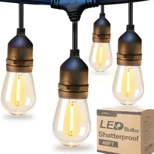 LED Outdoor String Lights 48FT with Edison Vintage Shatterproof Bulbs and Commercial Grade Weatherproof Strand