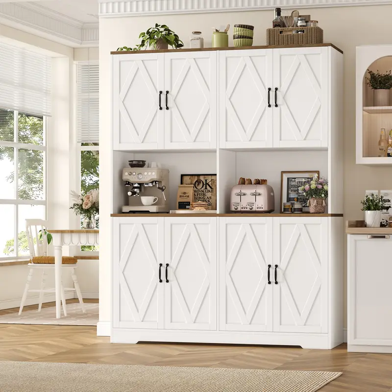 【2 packages shipping 】HOSTACK 71" Tall Pantry Cabinet, 55" Wide Kitchen Pantry Storage Cabinet, Large Kitchen Hutch with 2 Microwave Stands, Farmhouse Coffee Bar Station with Doors and Shelves