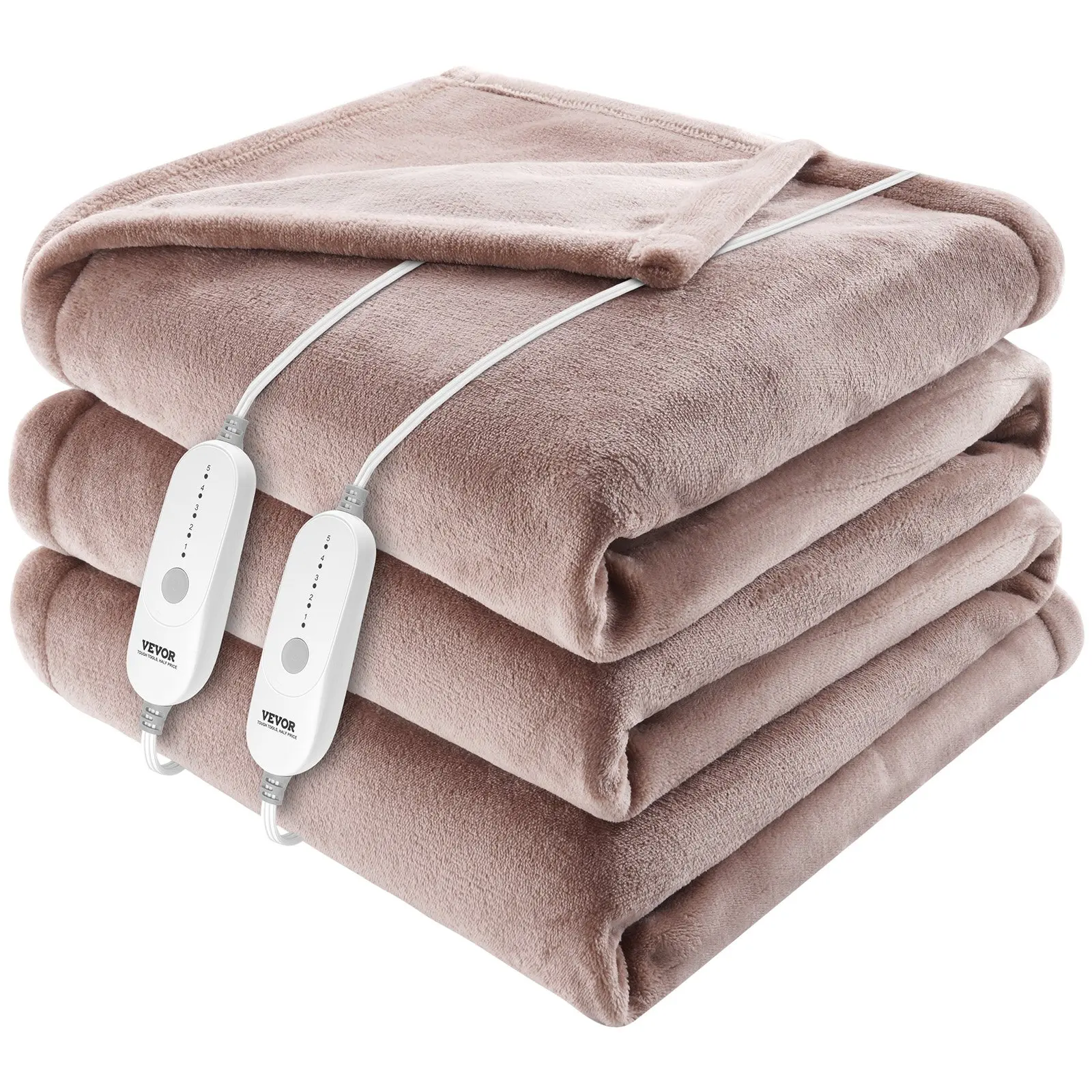 VEVOR Heatable Electric King Size Blanket Throw, 100x90" (90 in & above), Soft Flannel, 5 Temperature Levels, Dual Control, 10-Hour Automatic Timer Auto-Off, Machine Washable, ETL FCC Certified (Beige)