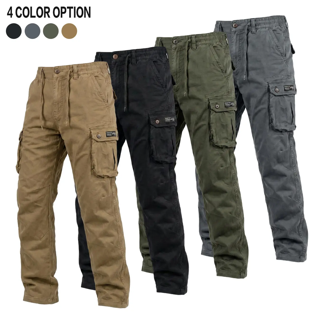 Men's 100% Cotton Multi-Pocket Tactical Cargo Bottoms, Heavyweight Washed Distressed Look, Straight-Cut, Durable Outdoor Functional Long Pants