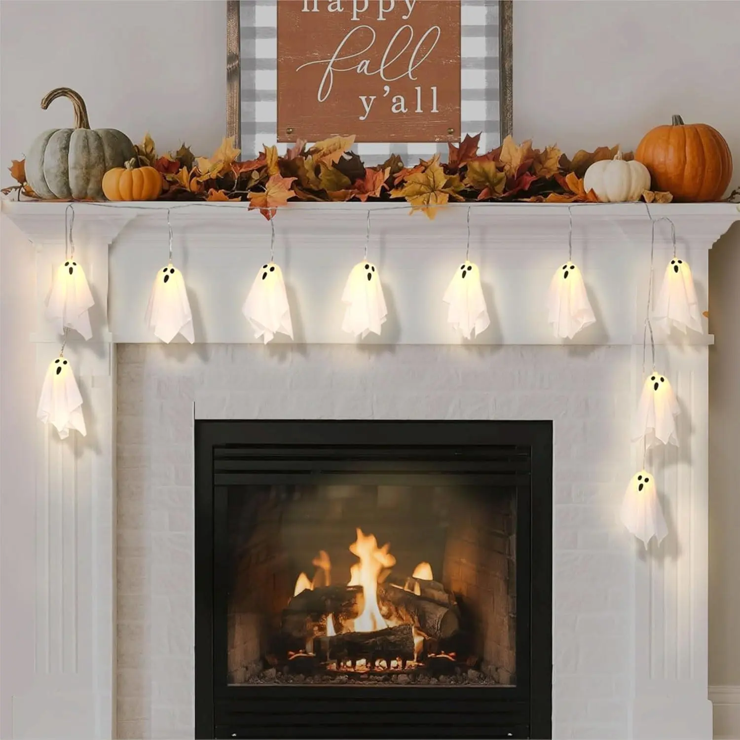 Halloween Decoration String Lights, Light up Ghost Garland, 7.5ft Battery Operated 10 LED Ghost Lights for Mantle Fireplace Window Porch Party Indoor Outdoor Decor