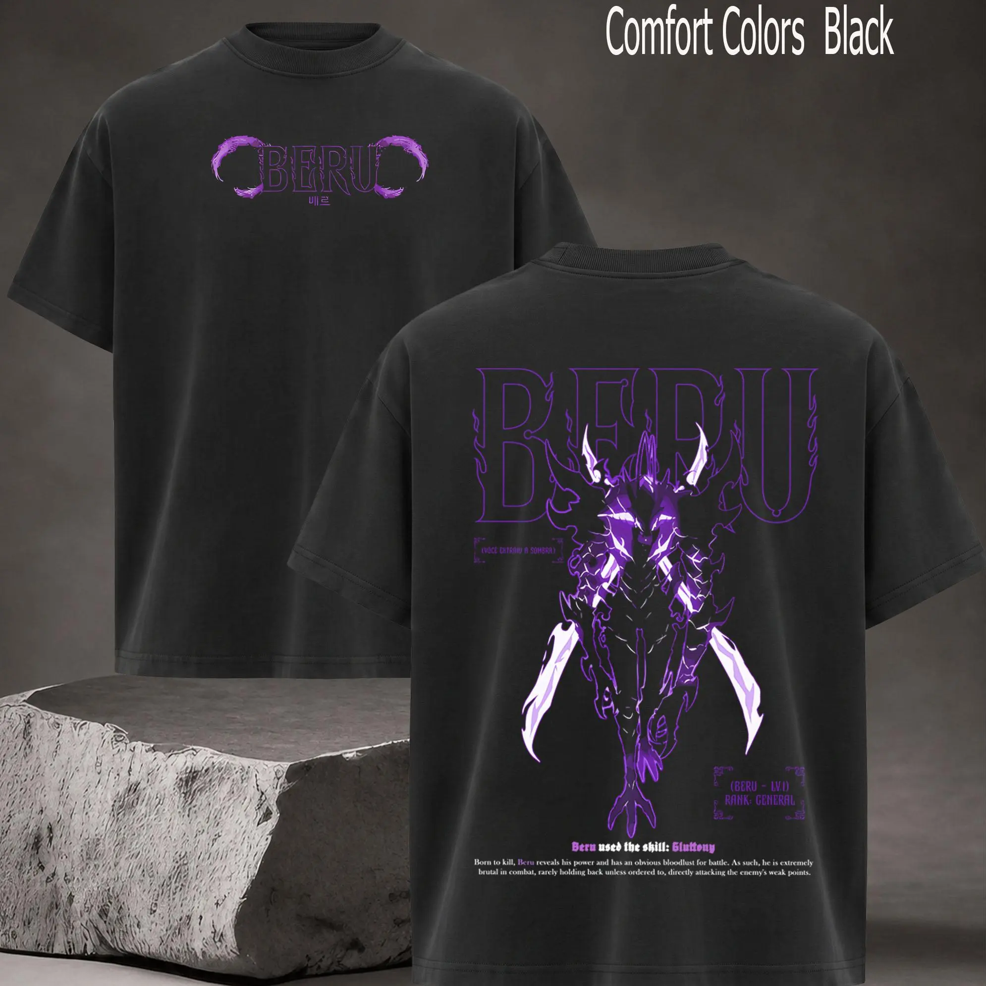 Beru Vintage Washed Oversized T-Shirt & Hoodie – Solo Leveling, Shadow Knight Commander Anime Graphic, Absolute Loyalty And Silent Blade Theme, Heavyweight Cotton Streetwear Unisex