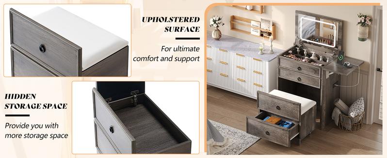 AMERLIFE 3-in-1 Makeup Vanity with Sliding Stool, Fold-up Panel, Divided Storage & Power Port, Farmhouse Makeup Table with Adjustable LED Light, for Small Space/Best Gift Ideas/Christmas Gifts