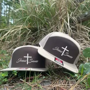 Jesus Saves Embroidered 7 Panel Hat – Brown/Khaki Brackish Bottomland Camo White Black Mesh Snapback, Christian Faith Trucker Cap, Flat Bill Vintage Camo Hat, Outdoor Southern Style Workwear Cap for Men and Women, Religious Gift