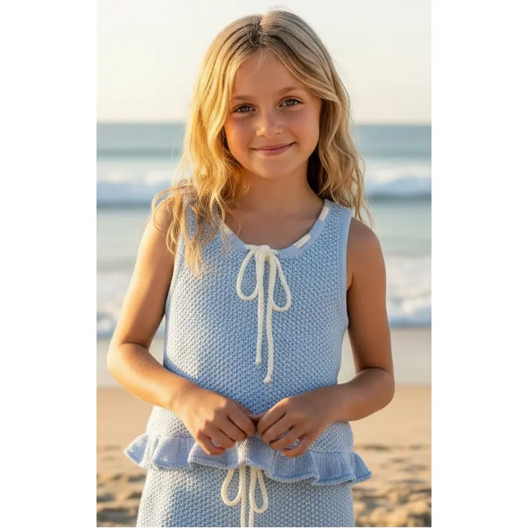 Flowers by Zoe - Blue Crochet Peplum Top with White Bow Detail