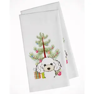 212 MAIN Cotton Reusable Kitchen Cloth Towels - Set of 2, Christmas Tree & White Poodle Designs, White Household Textiles, Cold Wash Safe, for Cleaning & Organizing, Reusable Towels