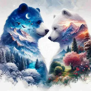 Double Exposure Bear Diamond Painting Kit, two bears with winter and summer landscapes inside their silhouettes, nature-themed art, 5D round & square rhinestone diamond embroidery cross stitch DIY home decor