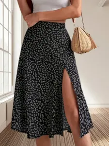 Boho Floral Slit Midi Skirt High Waist Summer Casual Half-Sleeve Dress, Elegant Bohemian Style Women's Clothing