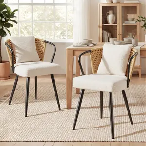 Rattan Dining Chairs Set of 2/4, Upholstered Kitchen Chair with Metal Legs, Ergonomic Curved Backrest, Mid Century Modern Living Room Lounge with & Throw Pillow, Natural