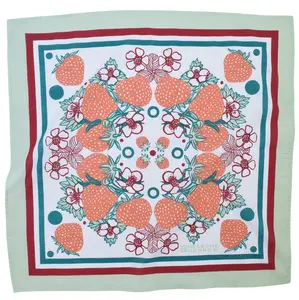 Strawberry Bandana - Red and Sage - Fruit Print - 22" x 22" - Neckerchief - Handkerchief - 100% Cotton - Hand Screen Printed - Designed in Maine - Vintage Vibe